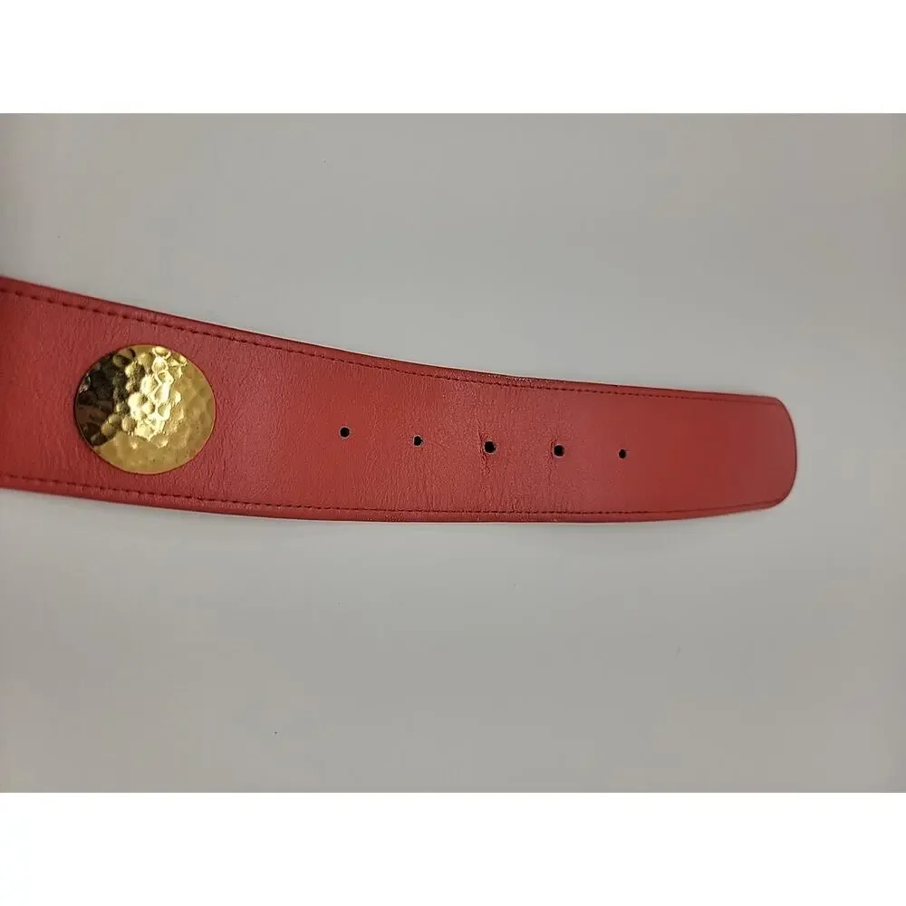 CARLISLE Vintage Leather XL Red Belt W/Hammered Gold Tone Disks Statement Buckle
